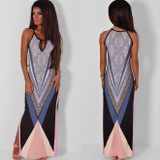 Blue Floral Cut Out Side Slit Maxi Dress