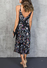 Black Bohemian Floral Draped Spaghetti Strap Mexican Deep V-neck Elegant Party Maxi Dress