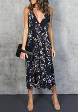 Black Bohemian Floral Draped Spaghetti Strap Mexican Deep V-neck Elegant Party Maxi Dress