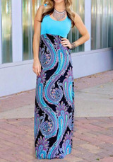Blue Floral Draped Round Neck Sleeveless Maxi Dress