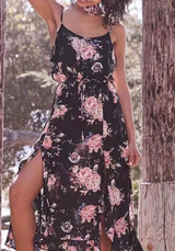 Black Floral Print Drawstring Slit Spaghetti Strap Backless Bohemian Party Maxi Dress