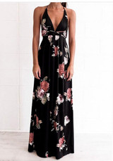Black Floral Condole Belt Backless V-neck Fashion Maxi Dress