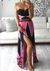 Red Floral Bandeau Side Slit V-neck Maxi Dress Red Floral Bandeau Side Slit V-neck Maxi Dress