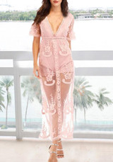 Pink Floral Lace Side Slit Deep V-neck Banquet Elegant Beach Party Maxi Dress
