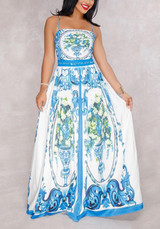 Blue Tribal Floral Tie Back Spaghetti Strap Backless Bohemian Party Maxi Dress