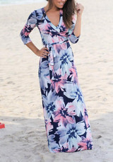 Blue Floral Print Sashes 3/4 Sleeve V-neck Bohemian Praty Maxi Dress