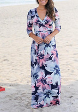 Blue Floral Print Sashes 3/4 Sleeve V-neck Bohemian Praty Maxi Dress