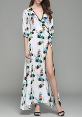 White Floral Sashes Bohemian Slit Casual Maxi Dress
