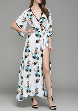 White Floral Sashes Bohemian Slit Casual Maxi Dress