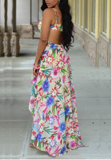 Beige Floral Irregular Draped Spaghetti Strap Flowy Deep U-neck Bohemian Maxi Dress