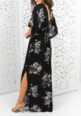 Black Floral Print Irregular Plunging Neckline Short Sleeve Maxi Dress
