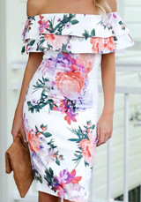 White Floral Cascading Ruffle Zipper Off Shoulder Bodycon Cocktail Party Cute Midi Dress