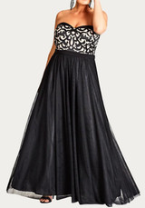 Black Patchwork Floral Grenadine Bandeau Off Shoulder Pleated Elegant Oversized Maxi Dress