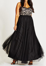 Black Patchwork Floral Grenadine Bandeau Off Shoulder Pleated Elegant Oversized Maxi Dress