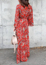 Red Floral Print Sashes Side Slit V-neck Beachwear Bohemian Maxi Dress Red Floral Print Sashes Side Slit V-neck Beachwear Bohemian Maxi Dress