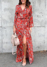 Red Floral Print Sashes Side Slit V-neck Beachwear Bohemian Maxi Dress Red Floral Print Sashes Side Slit V-neck Beachwear Bohemian Maxi Dress