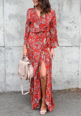 Red Floral Print Sashes Side Slit V-neck Beachwear Bohemian Maxi Dress Red Floral Print Sashes Side Slit V-neck Beachwear Bohemian Maxi Dress