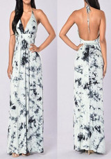 White Floral Print Tie Dye Halter Neck Tie Back Bohemian Maxi Dress White Floral Print Tie Dye Halter Neck Tie Back Bohemian Maxi Dress