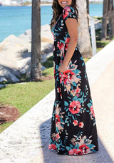 Black Floral Pockets Round Neck Fashion Maxi Dress