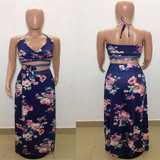 Dark Blue Floral Print Backless Halter Neck Side Slit Bohemian Maxi Dress Dark Blue Floral Print Backless Halter Neck Side Slit Bohemian Maxi Dress