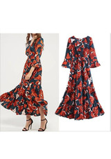 Multicolor Floral Print Ruffle V-neck Bohemian Maxi Dress