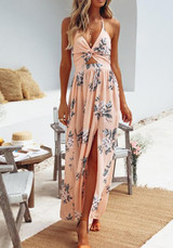 Pink Floral Tie Back Cut Out Pleated V-neck Maxi Dress