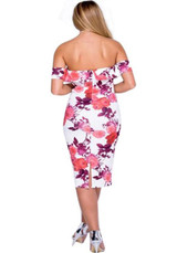 Pink Floral Print Bandeau Off Shoulder Backless Bodycon Midi Dress