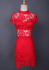 Red Floral Lace Cut Out Bodycon Band Collar Party Midi Dress
