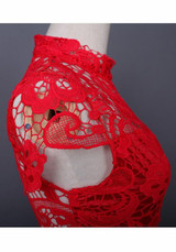 Red Floral Lace Cut Out Bodycon Band Collar Party Midi Dress