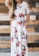 White Floral Print Pockets Round Neck Short Sleeve A-line Fashion Midi Dress