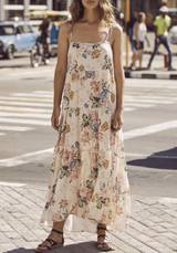 Beige Floral Print Draped Spaghetti Straps Backless Maternity Bohemian Maxi Dress