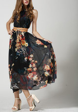 Black Floral Irregular Drawstring Round Neck Fashion Maxi Dress