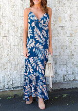 Navy Blue-White Floral Spaghetti Strap Cut Out Tie Back Maxi Dress