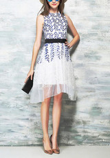 Blue Floral Embroidery Double-deck Round Neck Midi Dress