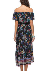 Black Floral Irregular Boat Neck Short Sleeve Fashion Midi Dress