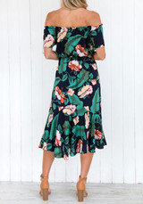 Green Floral Sashes Boat Neck Short Sleeve Fashion Midi Dress