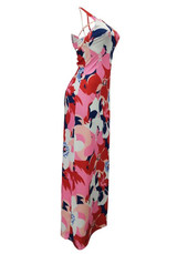 Pink Floral Cross Back Pleated Bodycon Beach Backless Clubwear Bohemian Maxi Dress