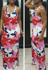 Pink Floral Cross Back Pleated Bodycon Beach Backless Clubwear Bohemian Maxi Dress