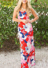 Pink Floral Cross Back Pleated Bodycon Beach Backless Clubwear Bohemian Maxi Dress