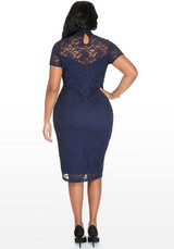 Purplish Blue Floral Lace Hollow-out Band Collar Plus Size Bodycon Midi Dress