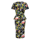 Black Floral Print Peplum One Piece Bodycon Elegant Party Midi Dress