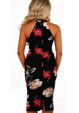 Black Floral Print Round Neck Fashion Midi Dress