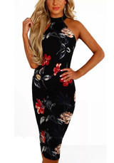Black Floral Print Round Neck Fashion Midi Dress