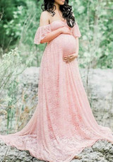 Pink Floral Lace Bandeau Pleated Off Shoulder Floor Length Maternity Maxi Dress