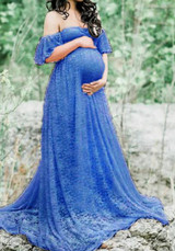 Blue Floral Lace Bandeau Pleated Off Shoulder Floor Length Maternity Maxi Dress