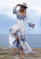 Blue-White Bohemian Floral Print Irregular Sashes Front Slit Boho Maxi Dress
