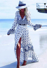 Blue-White Bohemian Floral Print Irregular Sashes Front Slit Boho Maxi Dress