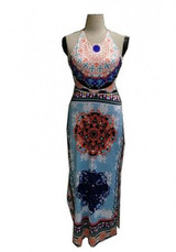 Sky Blue Tribal Floral Print Backless Halter Neck Slit Vintage Maxi Dress