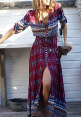 Floral V-neck Elbow Sleeve Front Slit Bohemian Maxi Dress