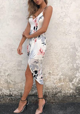 White Floral Pattern Irregular High-low Spaghetti Straps Midi Dress